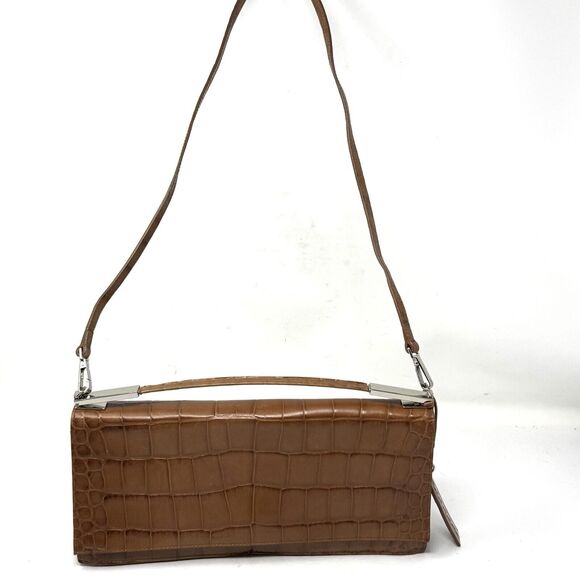 Antonio Melani Brown Croc Embossed Top Handle Structured Purse W/Crossbody Strap - Picture 1 of 13